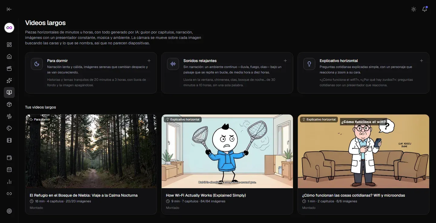 Módulo de videos largos con modos dormir, relajante y explicativo
