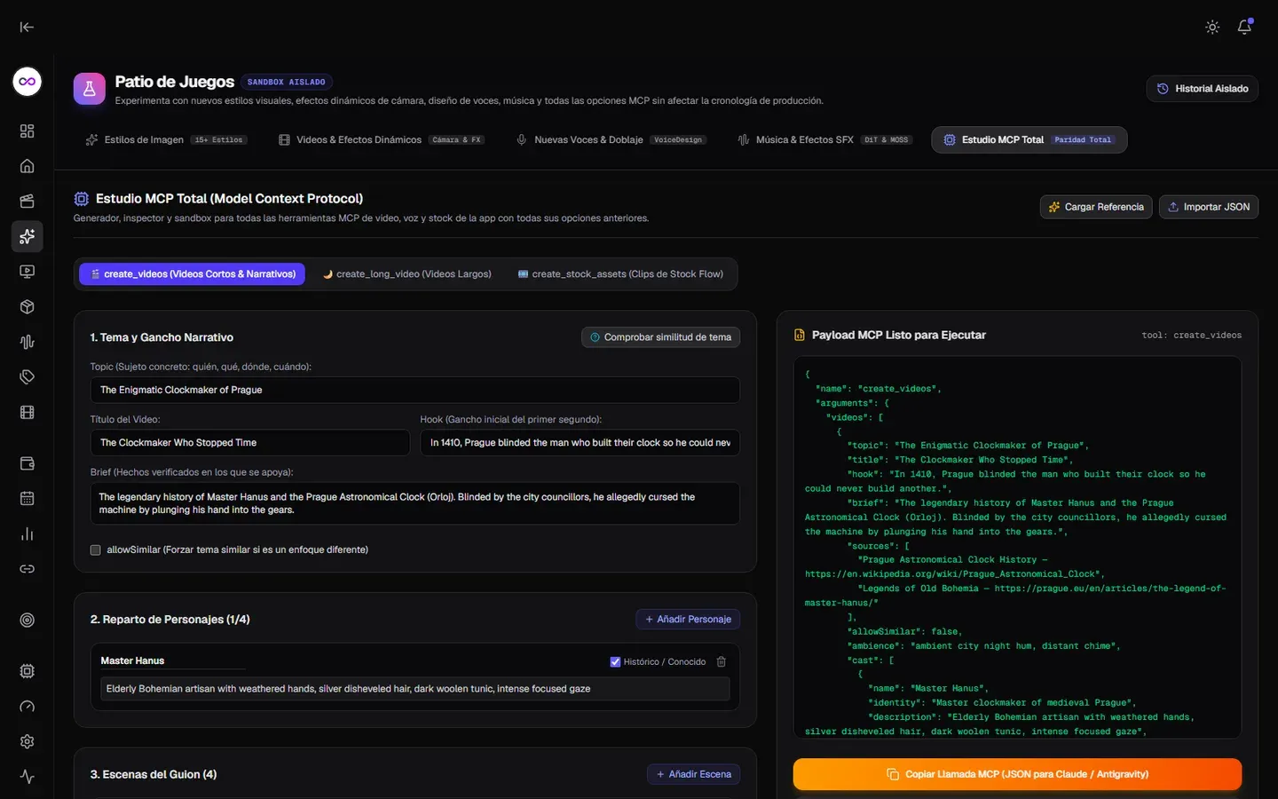 Estudio MCP construyendo un payload de create_videos