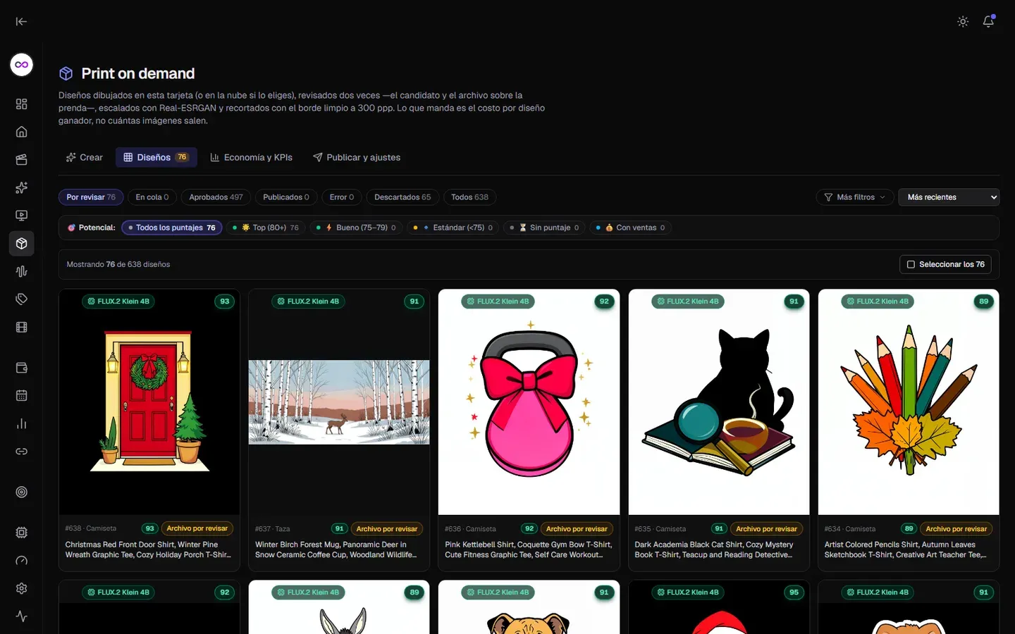 Cuadrícula de diseños POD con estados de revisión y puntajes de potencial