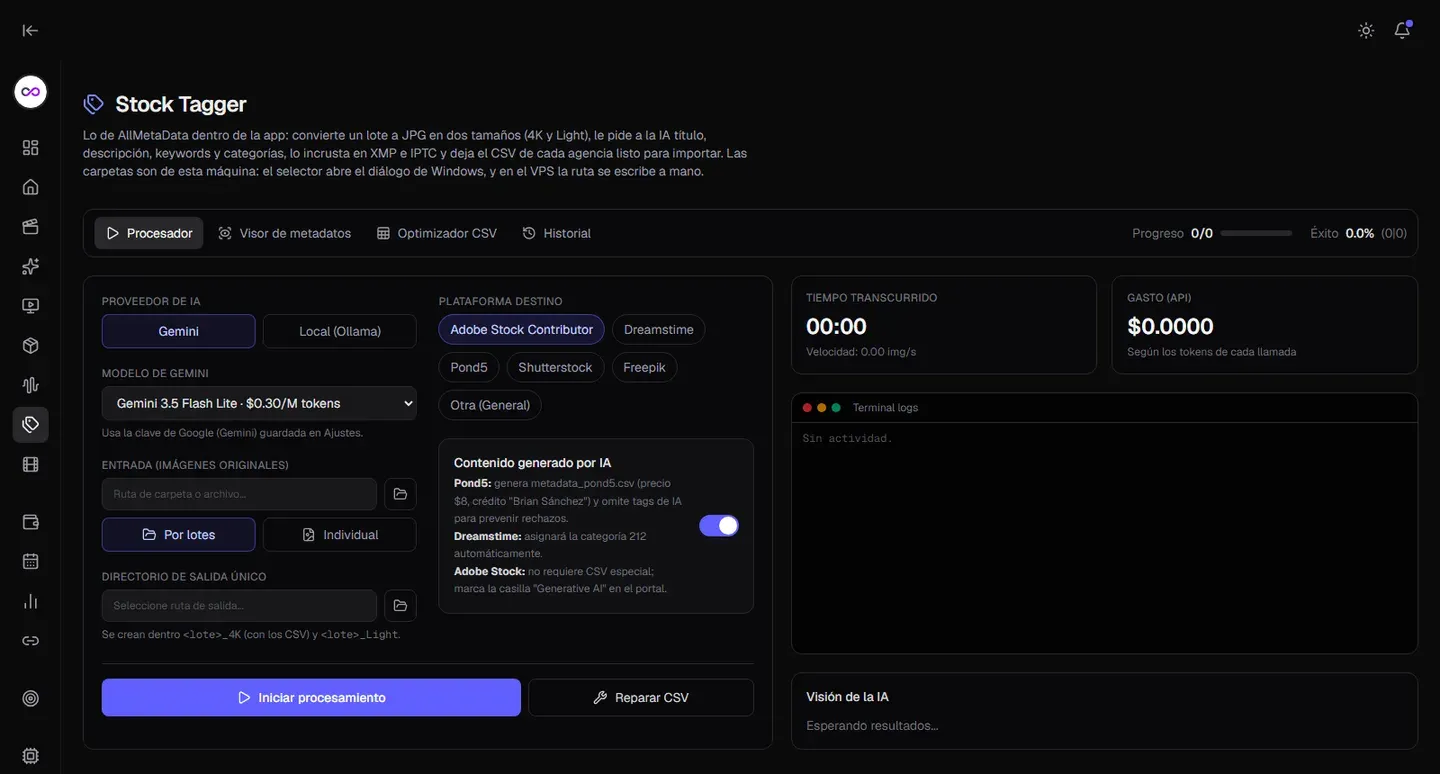 Procesador de Stock Tagger con proveedor, plataforma y gasto en vivo